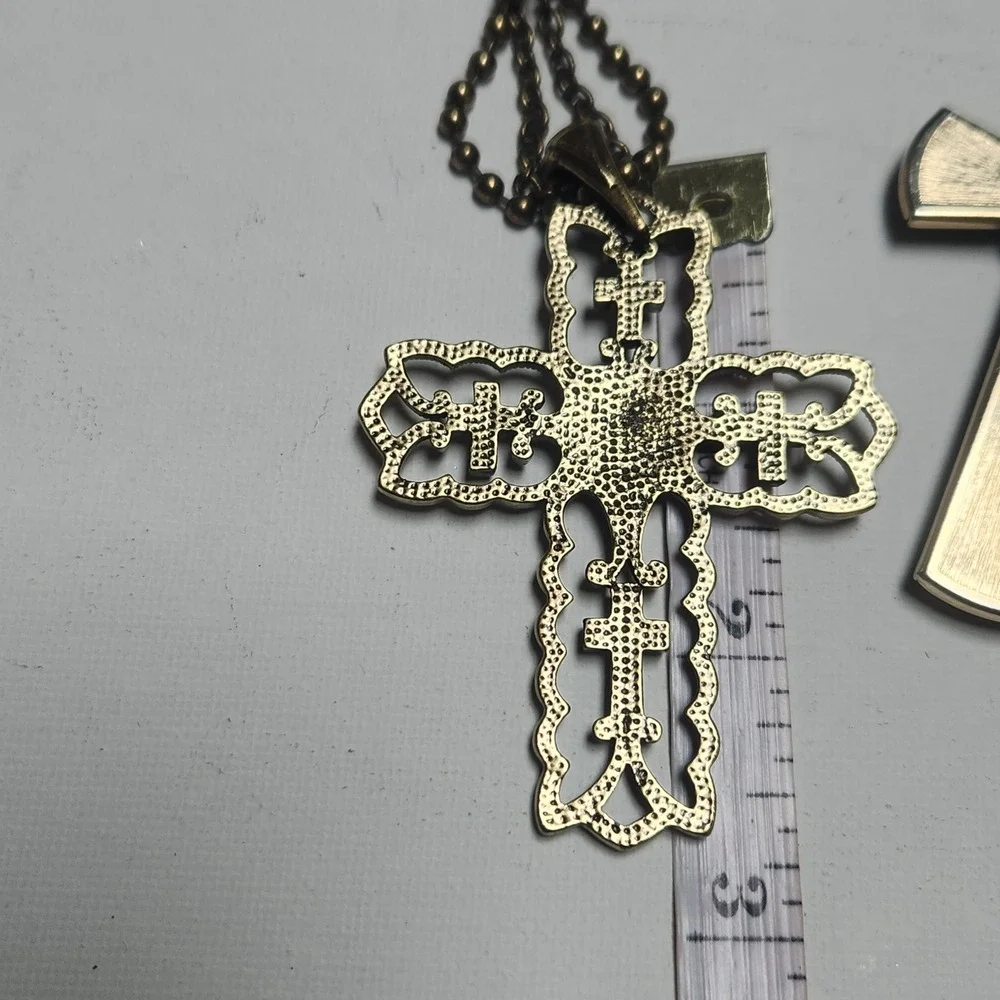 Ornate Bronze Filigree Cross Necklace and Green  acrylic Gold Tone Cross Pendant